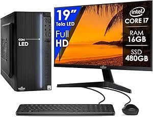 Computador Completo Intel Core i7 16GB SSD 480GB Monitor 19" 4 Núcleos Super Turbo Pc Hdmi Teclado e Mouse Strong Tech