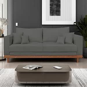 Sofá Living 3 Lugares Suede Resistente Madeira + Almofadas Cinza