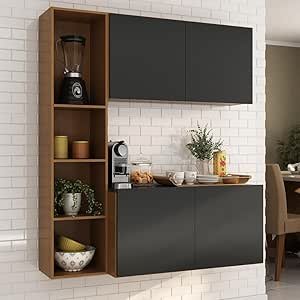 Armário De Cozinha Compacta Com Balcão Linea Fit 4 Portas Multimóveis Mp2218 Carvalho Avelã/preto