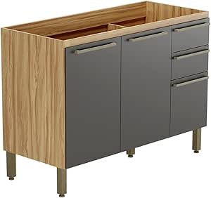 Balcão de Cozinha para Pia 120cm com 3 Portas 2 Gavetas sem Tampo 100% Mdf Itália Amêndoa/Chumbo